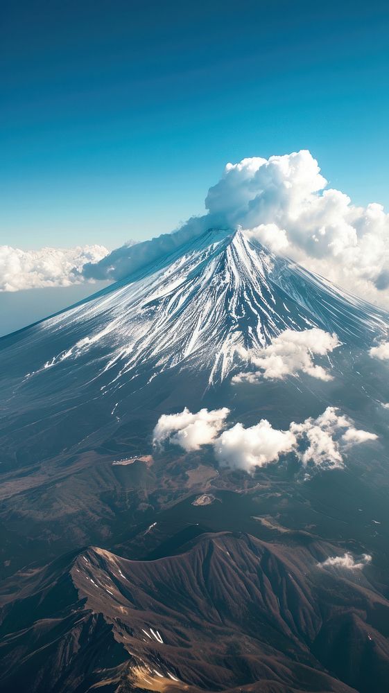 Aerial top down view of stunning Fuji mountain landscape outdoors volcano.