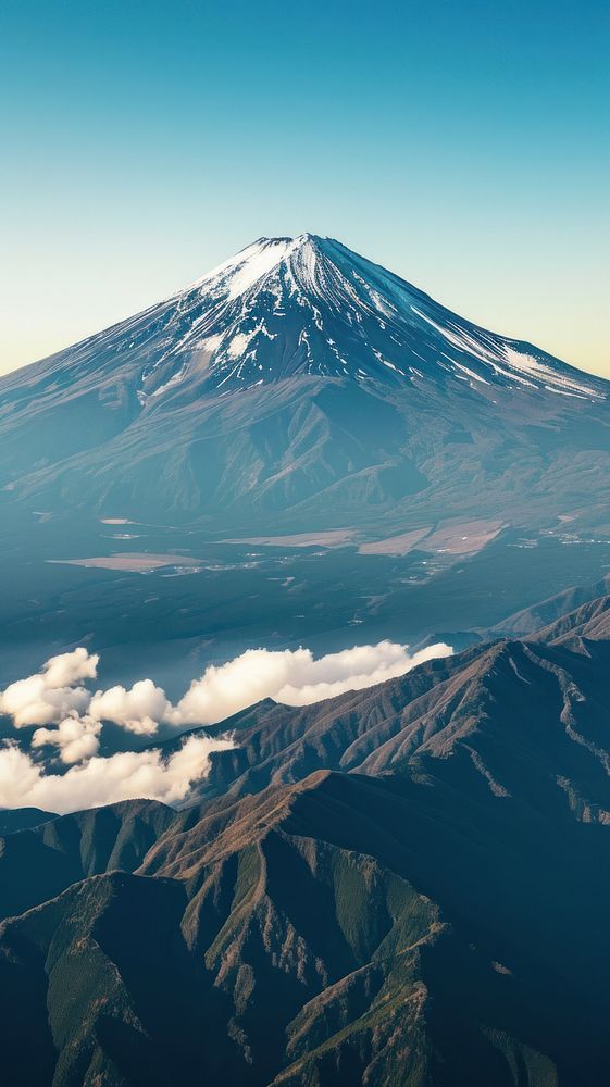 Aerial top down view of stunning Fuji mountain landscape outdoors nature.