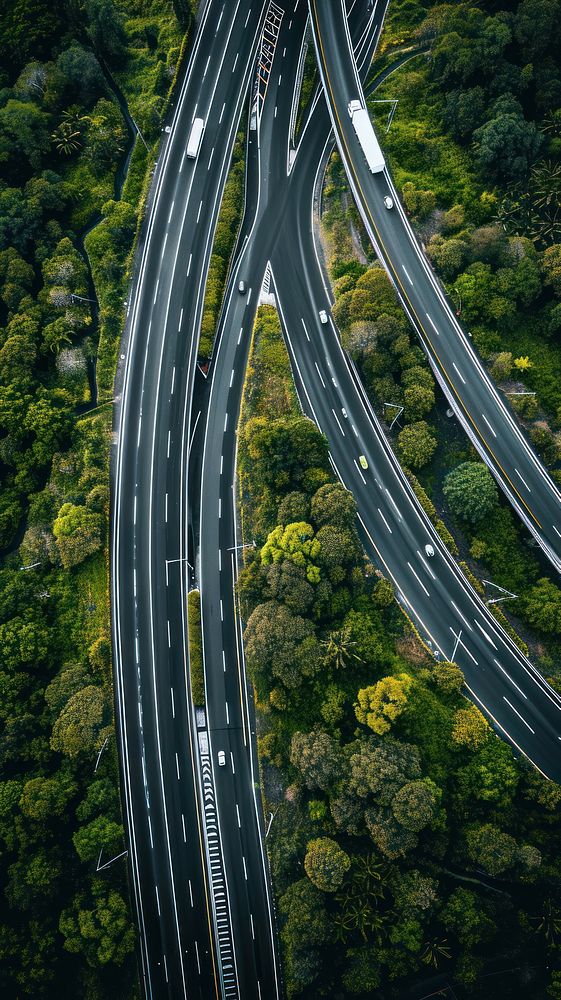 Aerial top down view of stunning highway landscape outdoors vehicle.