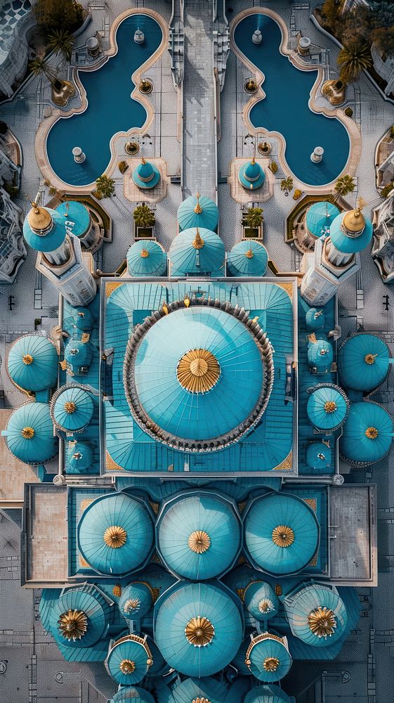 Aerial top down view of stunning mosque outdoors architecture decoration.