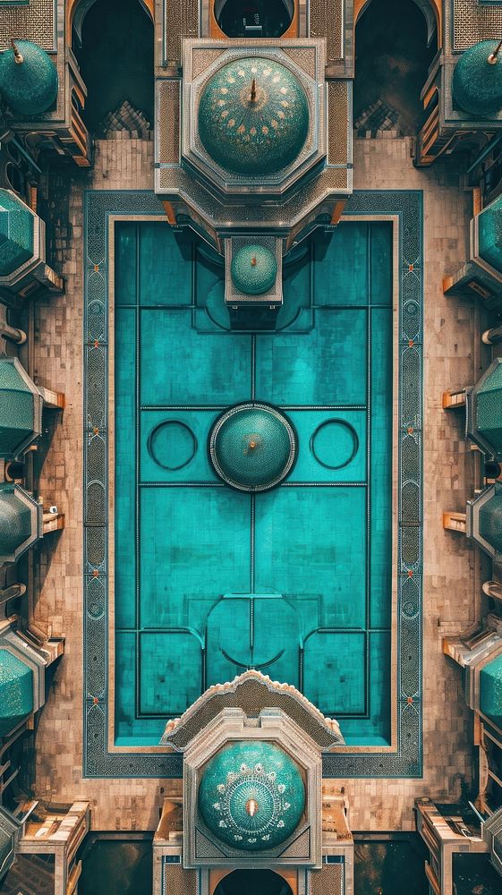 Aerial top down view of stunning mosque architecture building outdoors.