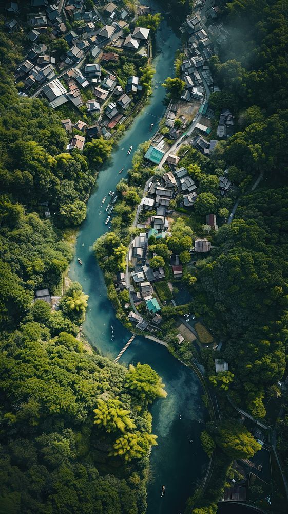 Aerial top down view of stunning Ogimachi architecture landscape outdoors.