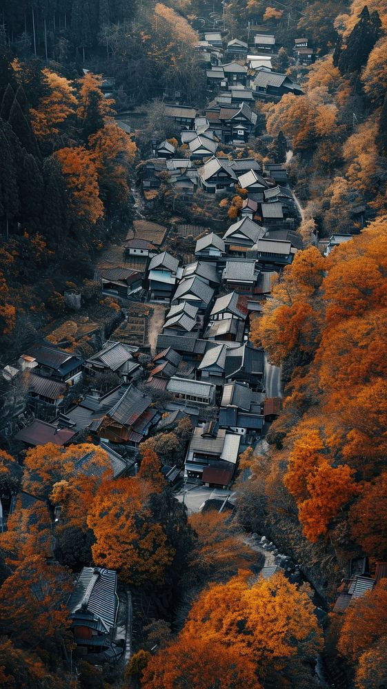 Aerial top down view of stunning Ogimachi architecture landscape outdoors.