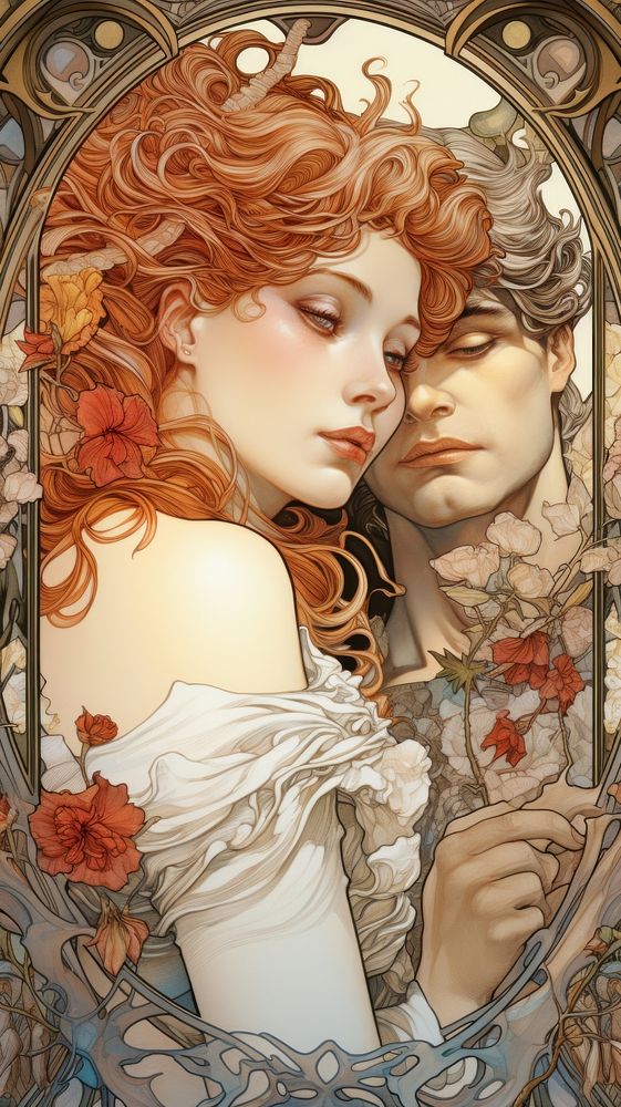 An art nouveau drawing of a couple lover portrait adult togetherness.