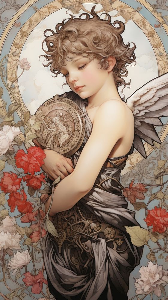An art nouveau drawing of a baby cupid fairy angel representation.