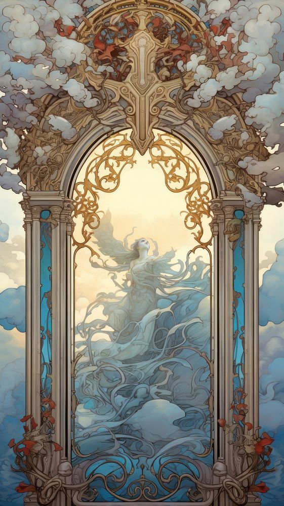 An art nouveau drawing of a door of heaven architecture building painting.