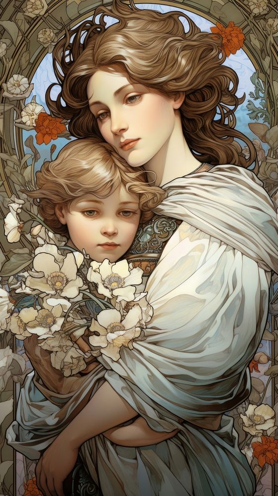 An art nouveau drawing of a mother and child adult fairy angel.
