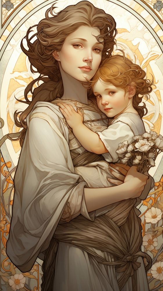 An art nouveau drawing of a mother and child portrait adult angel.