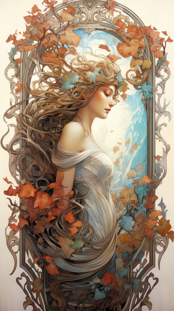 An art nouveau drawing of a stunning tree painting fairy adult.