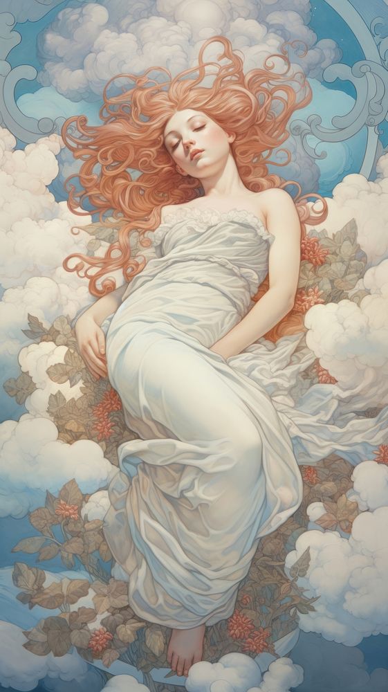 An art nouveau drawing of an isolated cloud painting angel fairy.