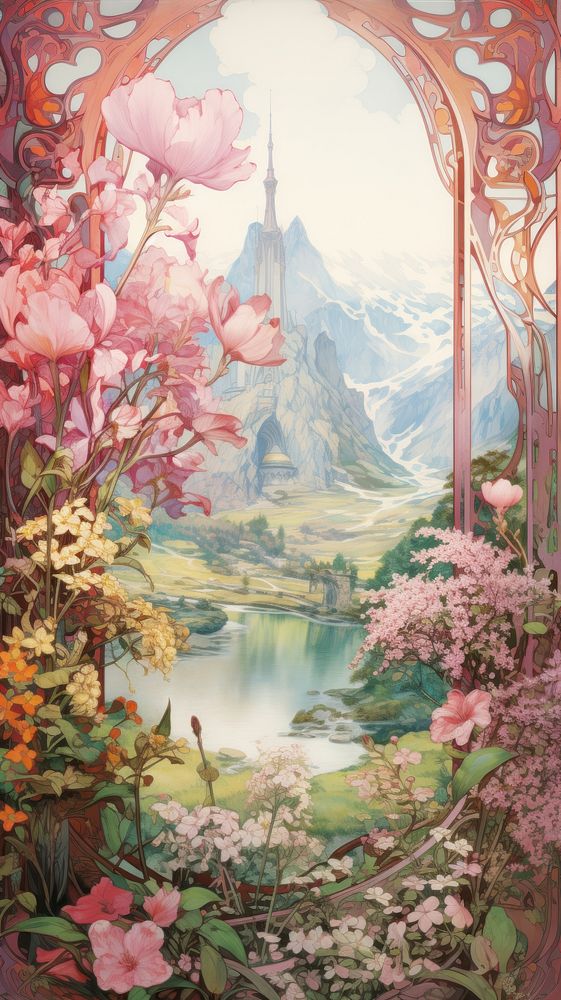 An art nouveau drawing of Asia landscape outdoors painting nature.
