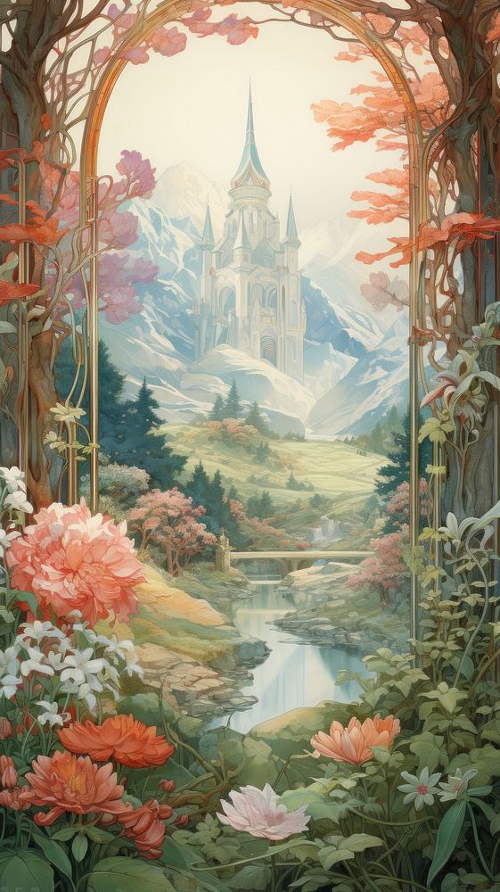 An art nouveau drawing of Asia landscape outdoors painting nature.
