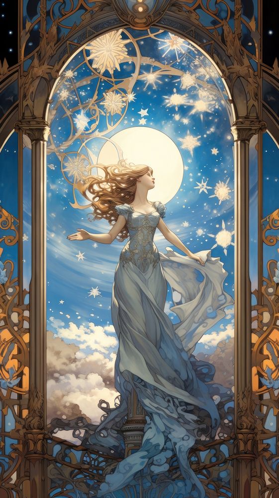An art nouveau drawing of astronomy stars fairy angel adult.