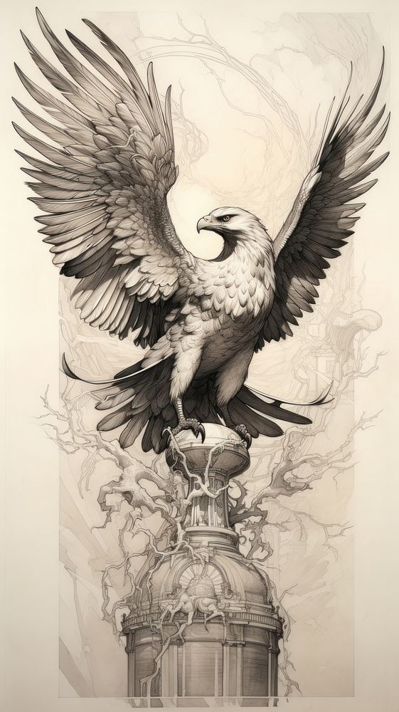 An art nouveau drawing of eagle animal sketch bird.