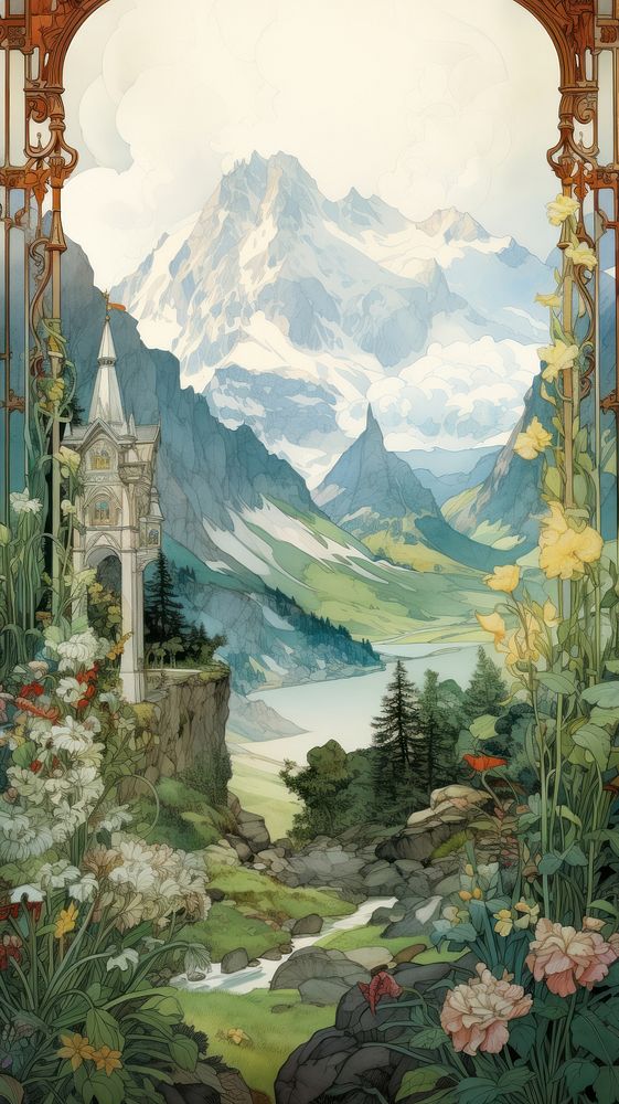 An art nouveau drawing of fjord landscape outdoors painting nature.