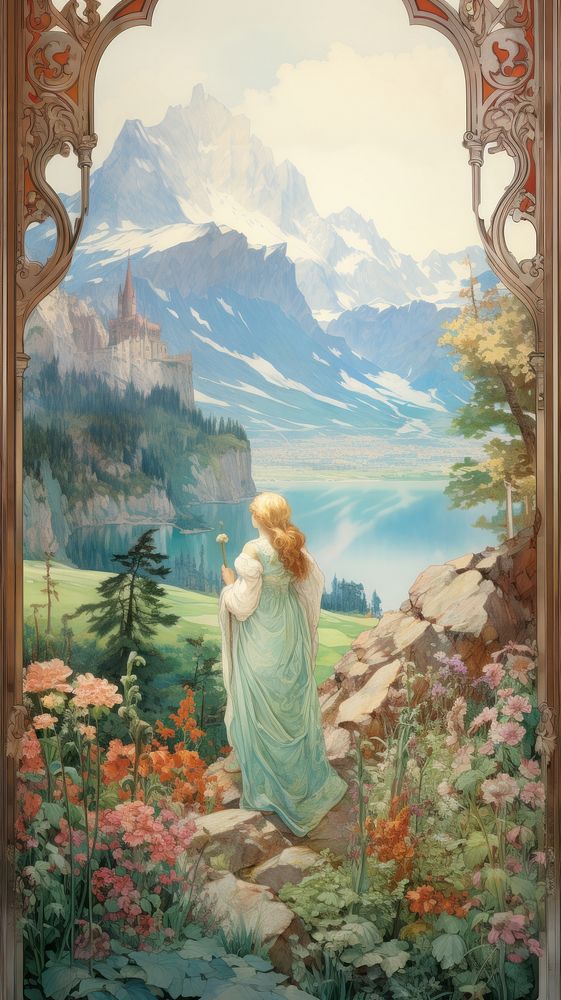 An art nouveau drawing of fjord landscape painting outdoors nature.