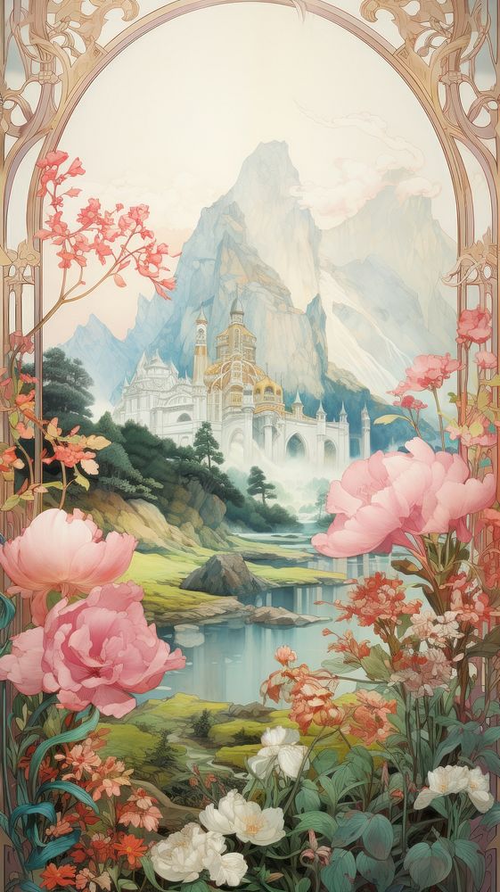 An art nouveau drawing of Japan landscape outdoors painting flower.