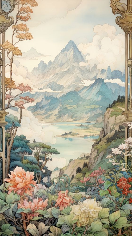 An art nouveau drawing of Japan landscape outdoors painting nature.