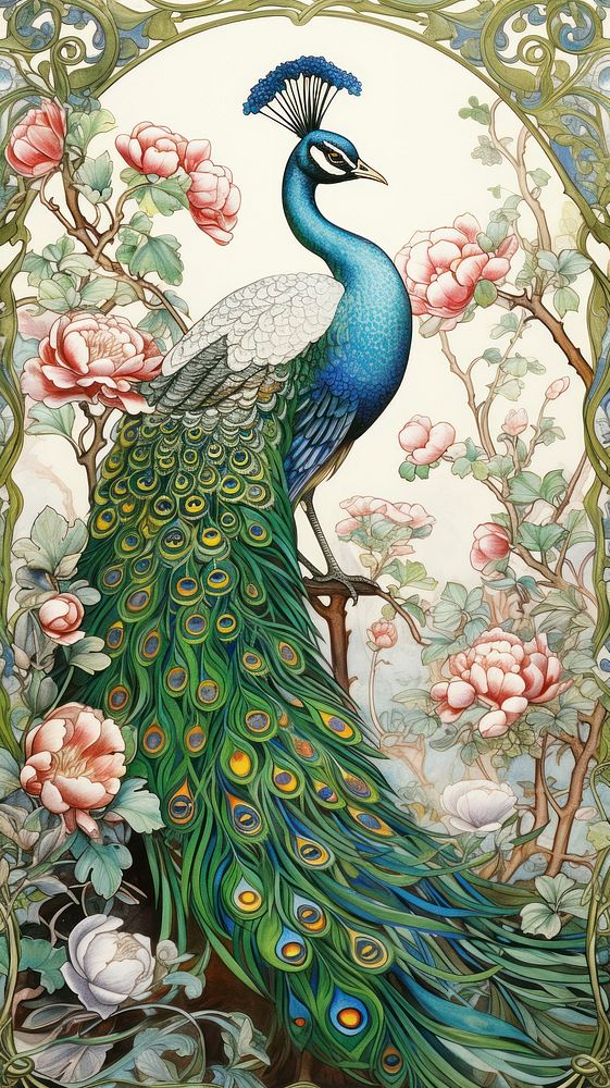 An art nouveau drawing of peafowl painting peacock animal.