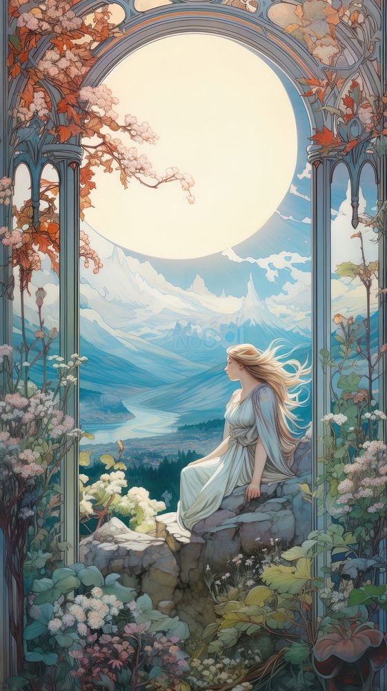 An art nouveau drawing of stunning clear sky landscape painting fairy adult.