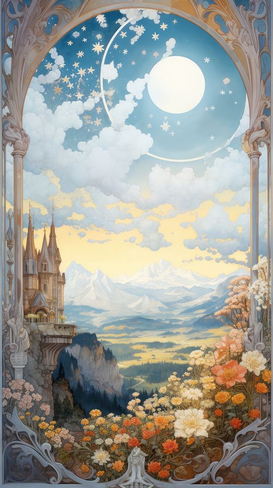 An art nouveau drawing of stunning clear sky landscape outdoors painting nature.