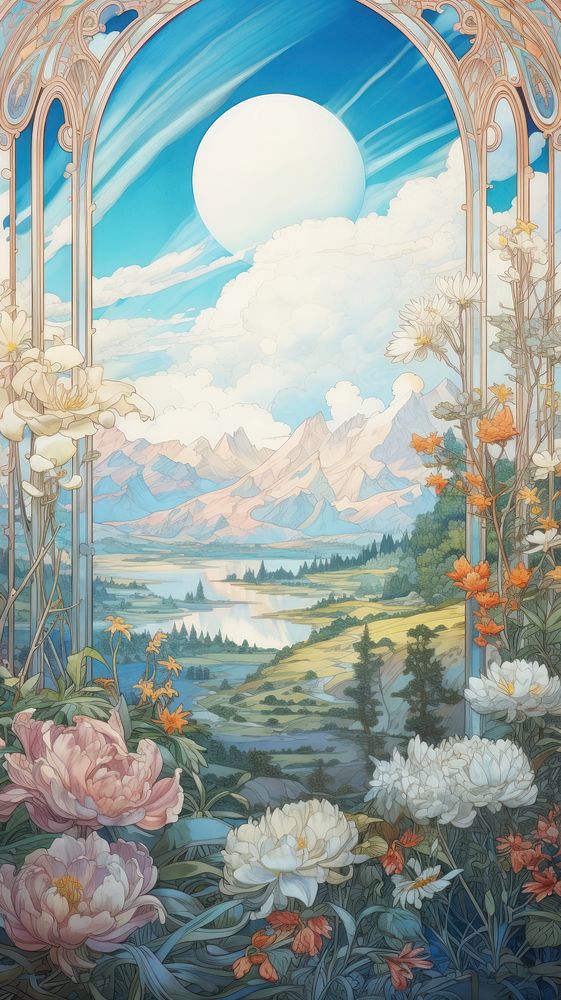 An art nouveau drawing of stunning clear sky landscape painting outdoors architecture.