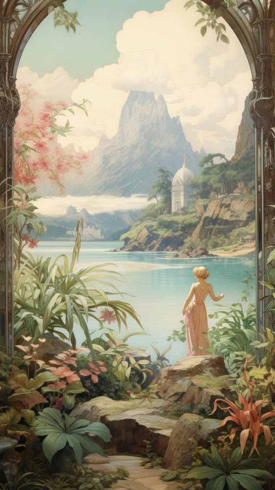 An art nouveau drawing of tropical beach landscape outdoors painting nature.