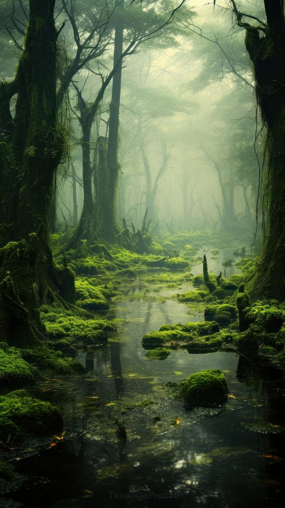 Asian rural swamp in morning foggy vegetation landscape woodland. AI generated Image by rawpixel.