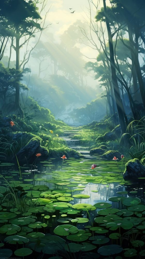  Asian rural swamp in morning foggy vegetation outdoors woodland. AI generated Image by rawpixel.