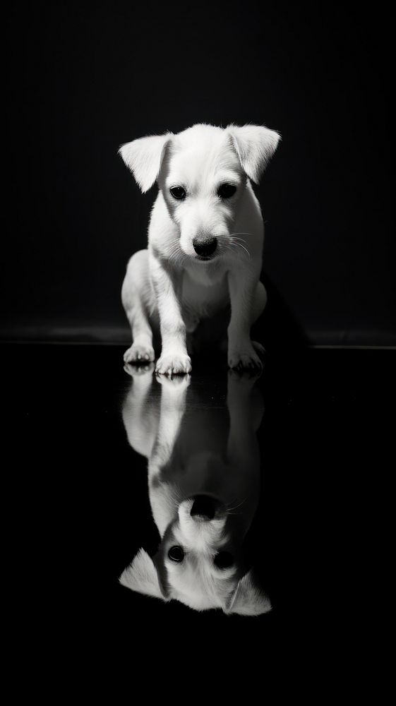 A dog on a mirror floor animal mammal puppy.