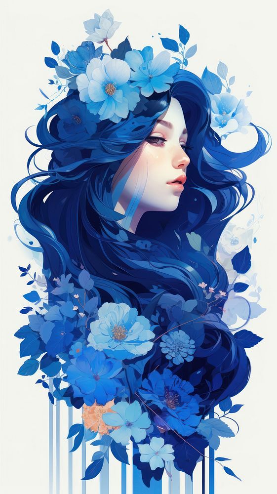  Blue boho illustration portrait painting drawing. AI generated Image by rawpixel.