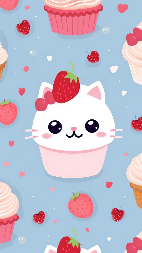 Cute cat cupcake vector seamless background dessert berry cream.