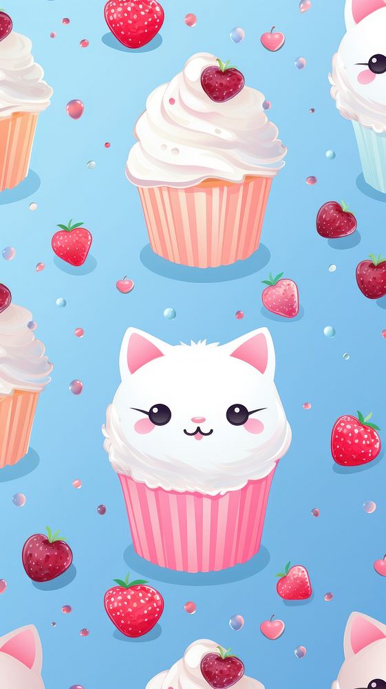 Cute holographic cat cupcake vector seamless background dessert cream food.