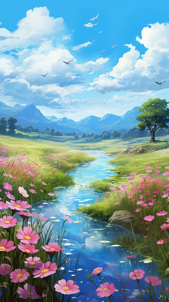  Flower field by small river landscape grassland outdoors. AI generated Image by rawpixel.