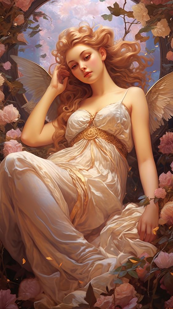 Heaven in the style of Alphonse Mucha painting portrait angel.