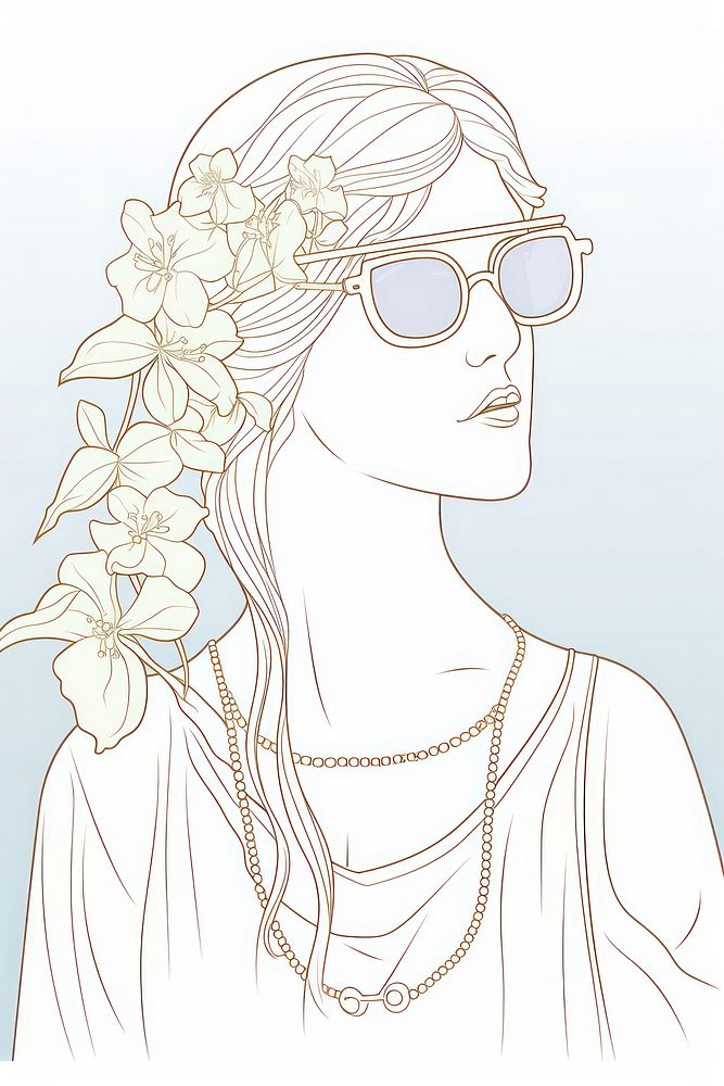 A woman wera sunglasses Alphonse Mucha style necklace drawing sketch.