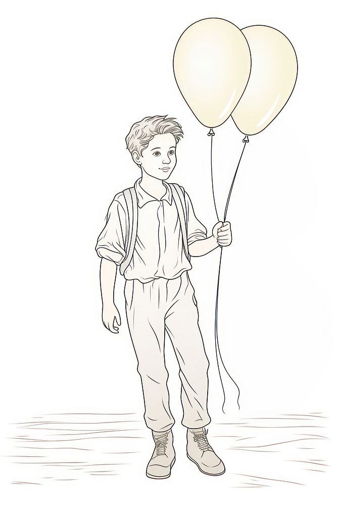 A boy with balloons Alphonse Mucha style drawing sketch illustrated.