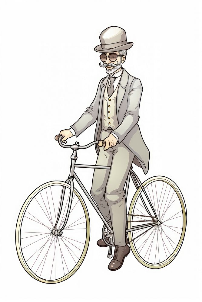 A man riding bicycle Alphonse Mucha style vehicle glasses cycling.
