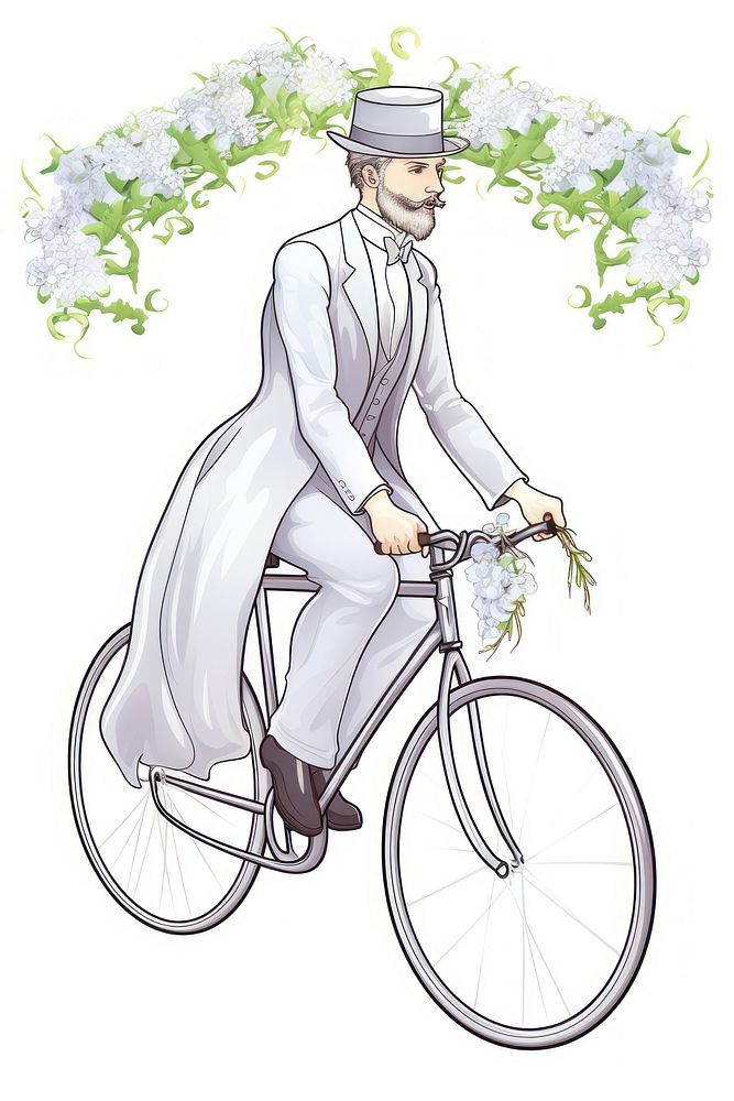 A man riding bicycle Alphonse Mucha style vehicle cycling drawing.
