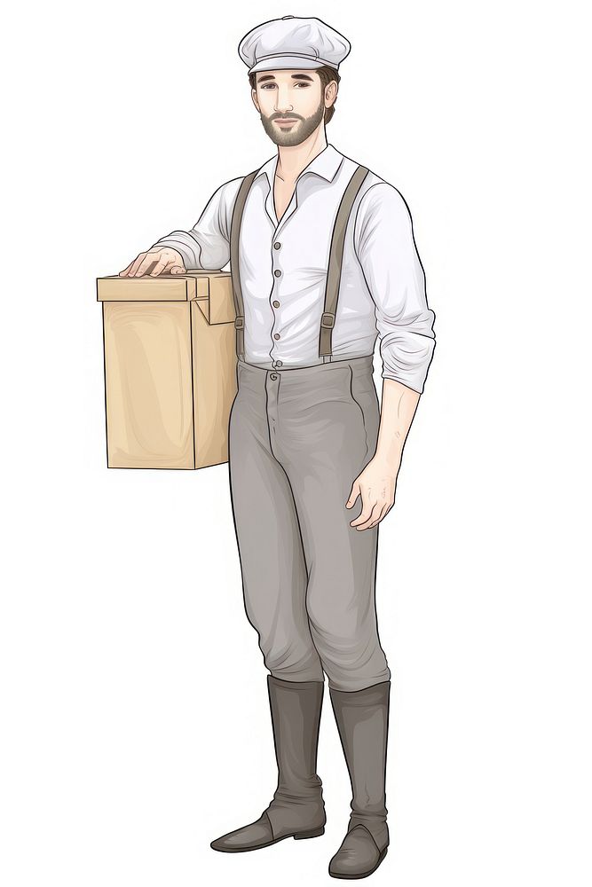Deliveryman with parcel box Alphonse Mucha style cardboard adult white background.