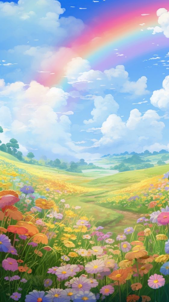  Joyful rainbow backgrounds landscape grassland. 