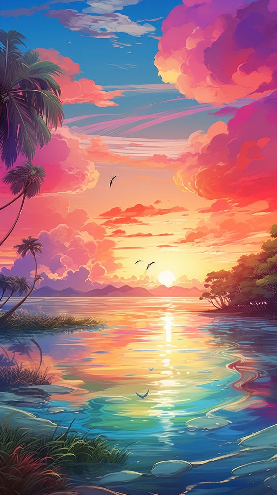  Joyful rainbow sunset landscape outdoors painting. AI generated Image by rawpixel.