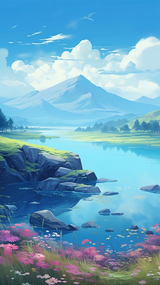  Lake by hill landscape outdoors scenery. AI generated Image by rawpixel.