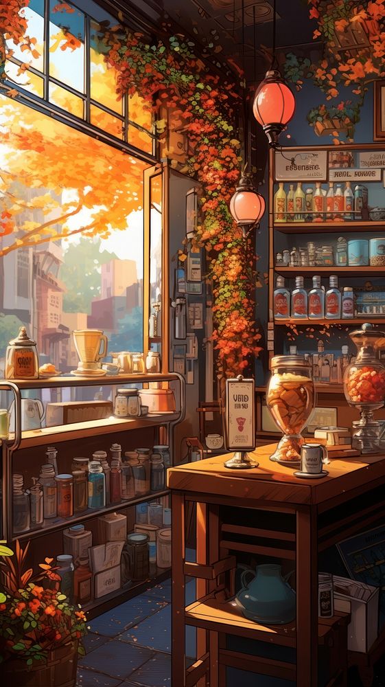  Lofi coffee shop autumn table plant. AI generated Image by rawpixel.