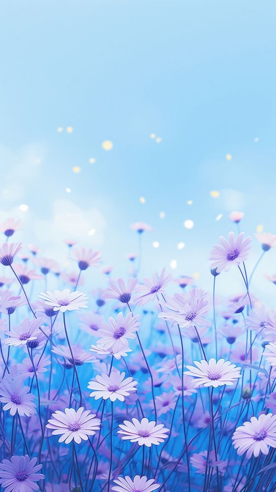  A blue Daisy field wallpaper in the morning flower backgrounds outdoors. AI generated Image by rawpixel.