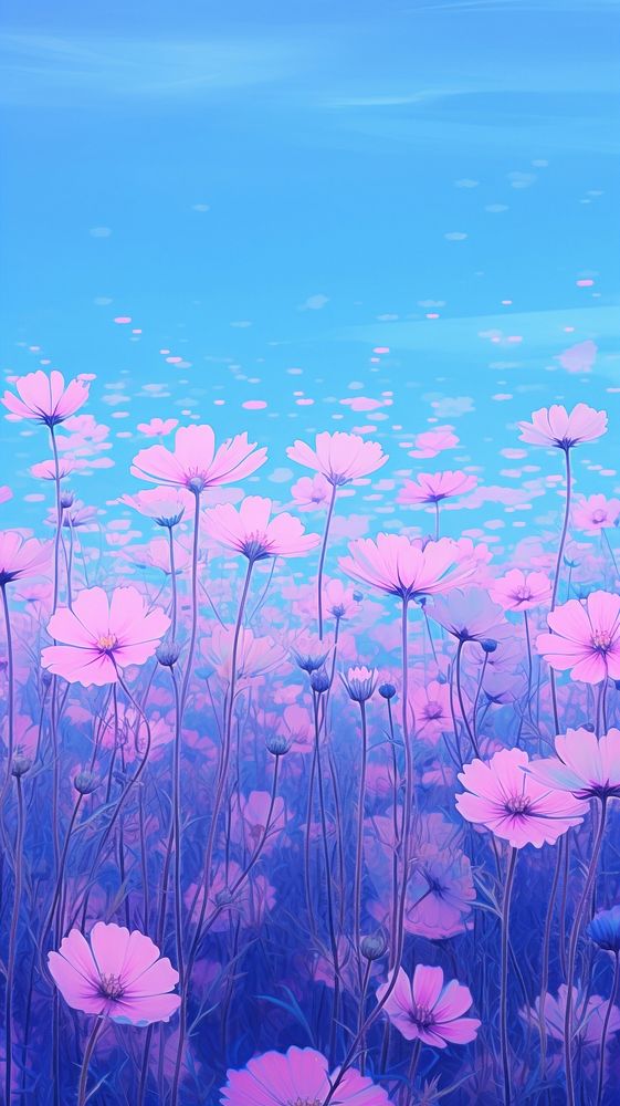  A blue Daisy field wallpaper in the morning flower purple backgrounds. AI generated Image by rawpixel.