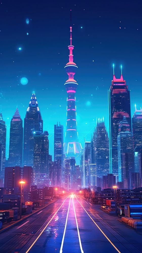  Neon Futuristic Cyberpunk Cityscape in blue architecture futuristic cityscape. AI generated Image by rawpixel.