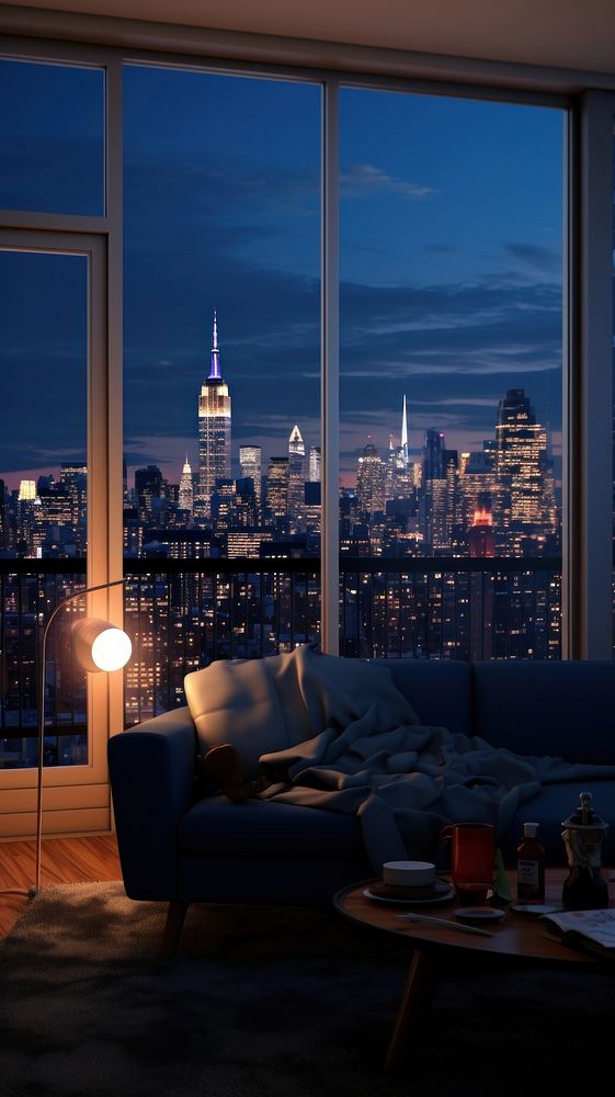  New york Apartment in blue night lighting city architecture. 