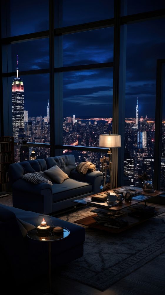  New york Apartment in blue night city architecture cityscape. 