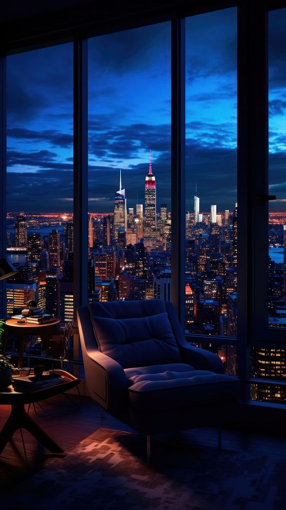  New york Apartment in blue night lighting city architecture. 